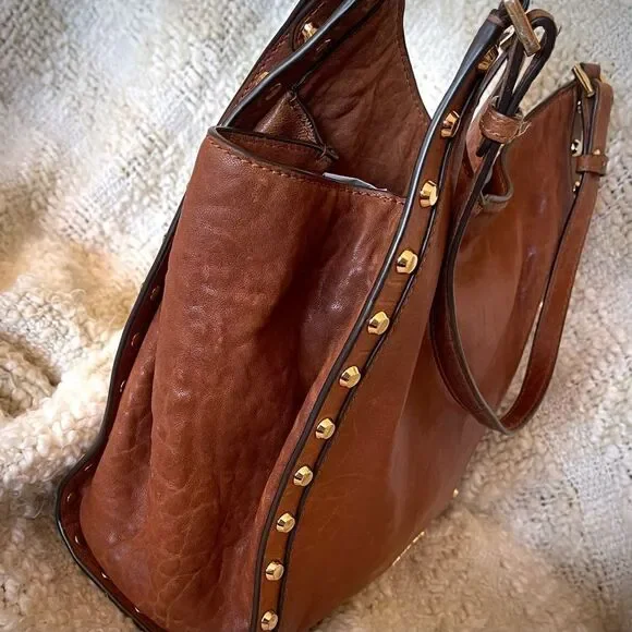 Michael Kors Leather Satchel, Cognac Brown, Gold Metallic Trim. - Picture 2 of 11